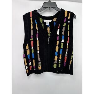 Vintage 90's Sweater Vest Rainbow Black Zipper Ugly Sweater Medium Made In Korea